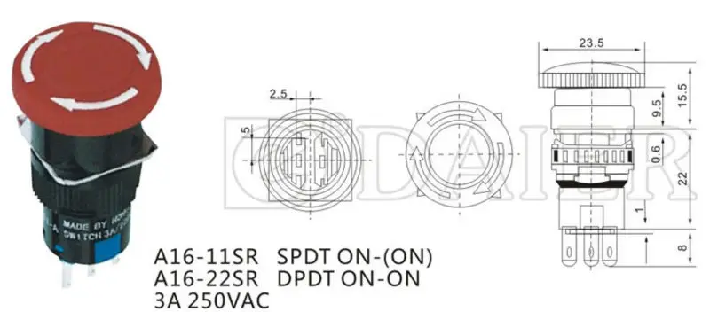 3A 6~250V 3 PIN Red Mushroom Emergency Stop Push Button Switch