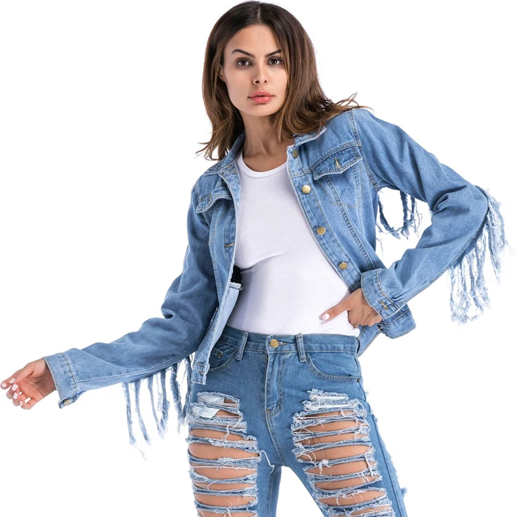 

High Quality Denim Jacket wholesale fashion Spring blue plain distressed jeans jackets With Patches For Women, Pictures