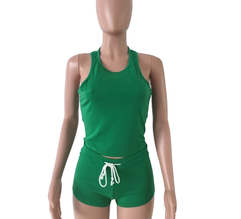 

2019 Summer New Arrival Casual 2 piece Women Set 5 Color Solid O-neck Sleeveless Short Tops Short Pants, N/a
