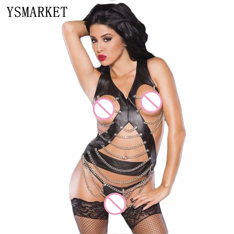 

Hot Sexy Black PU Leather Babydolls 2018 Erotic Teddy Lingerie Clubwear Pole Dance Clothing Open Bust Strappy Bodysuit S90429, N/a