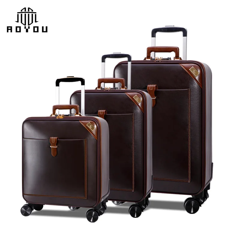 

2019 hot selling PU leather business 3pcs travel suitcase trolley luggage, Black,coffee,khaki,brown