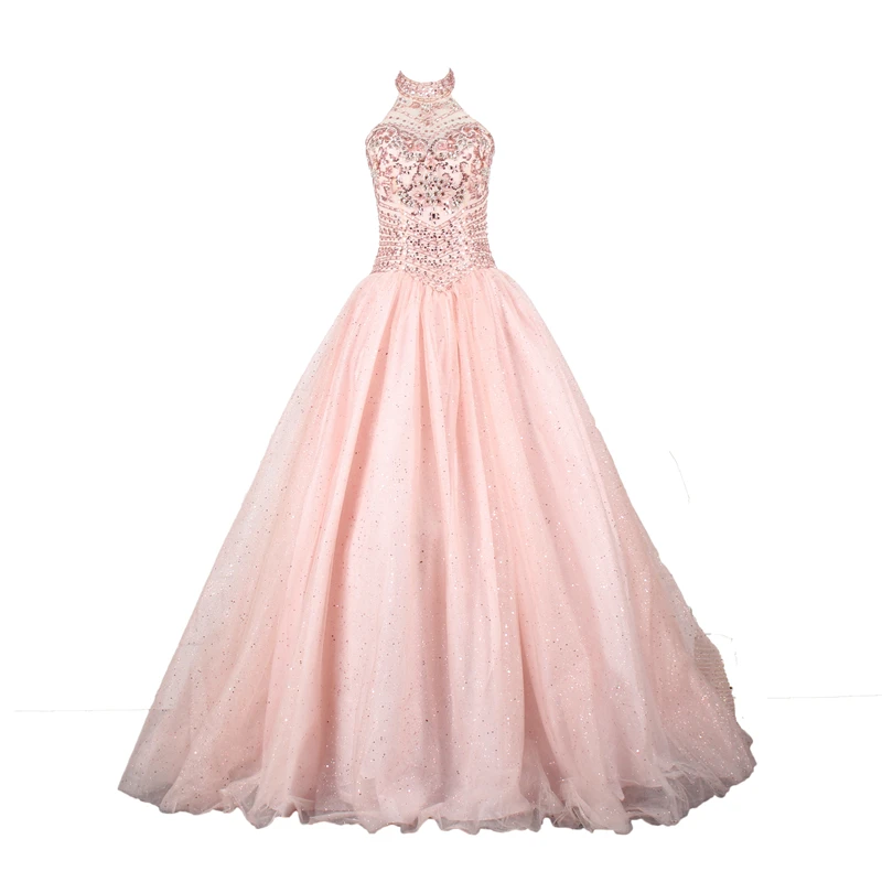

YY011  pink halter elegant beaded ball gown long Prom Quinceanera Dress 2019