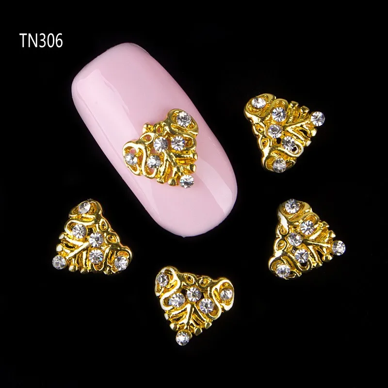 10pcs Golden Metal Heart Rhinestones 3d Nail Art Decorations Alloy Nail Stcikers Charms Jewelry for Nail