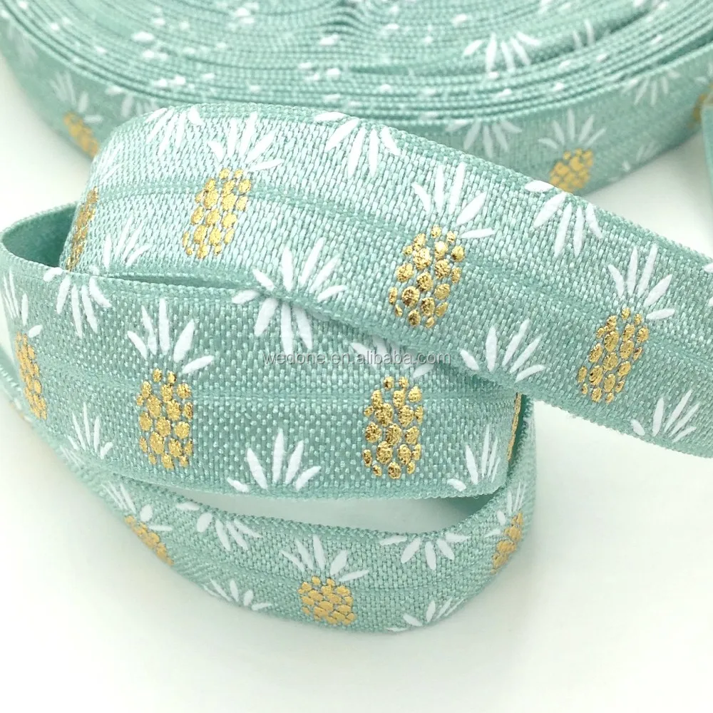 

Hot Sale High Quality Green Pineapple Gold Foil Fold Over Elastic 5/8" Ananas FOE Ribbon for DIY Hair Accessories 100Yards/lot, As per picture