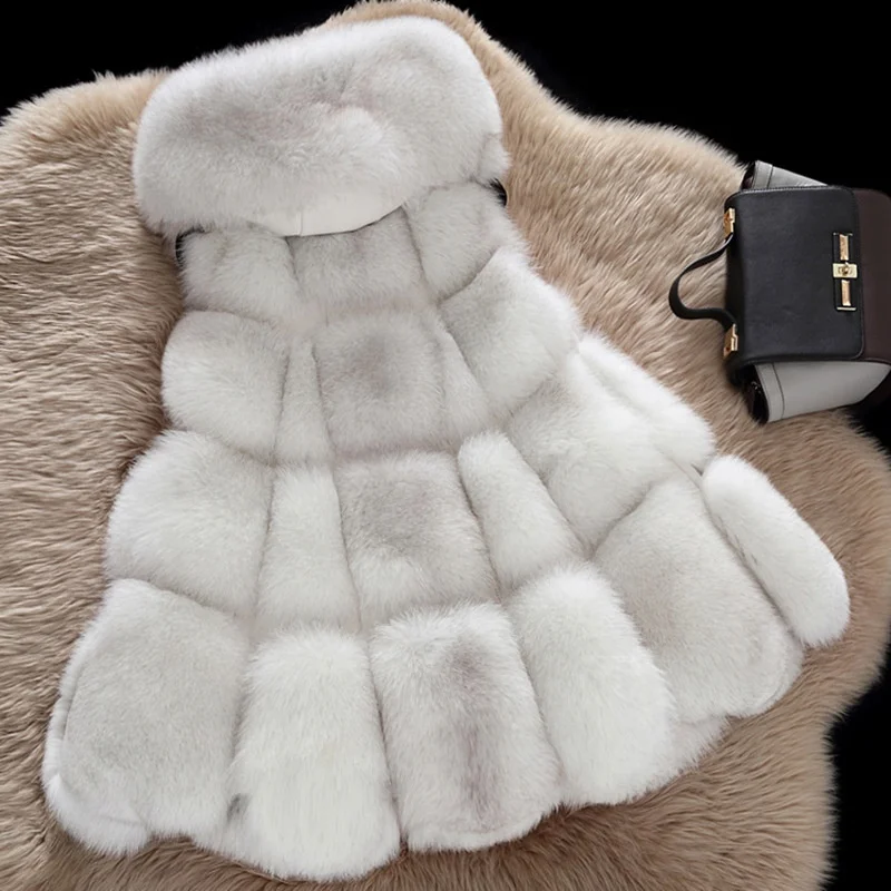 

2018 Winter Furs Sleeveless Coat Women Winter Coat Clothing Long Grey Faux Fox Fur Jackets Fur Coat, Picture