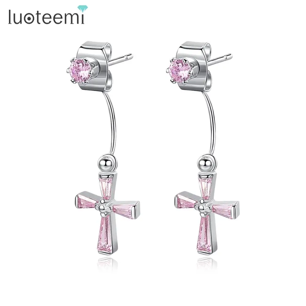 

LUOTEEM Fashion Flower Korea Women Earrings A AA CZ Stud Long Earrings Detachable Pink Earring For Girl Wholesale
