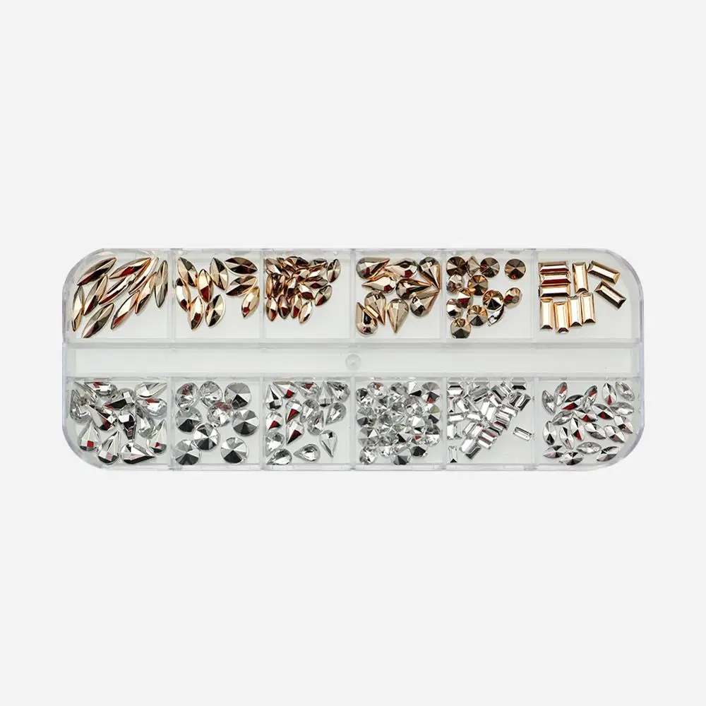 IMAGNAIL Clear and Rose Gold Color Mixed Shape Acrylic Pointback Rhinestone in Box Gemstones for Nail Art Decoration