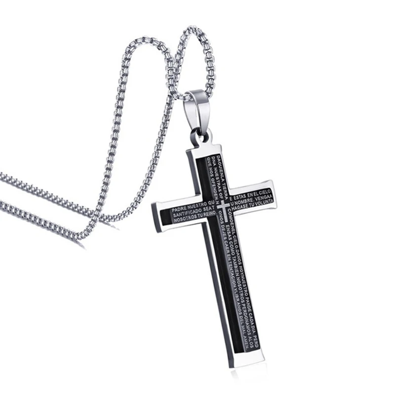 Unisex Stainless Steel Espana Bible Prayer Necklace Cross Pendant for Mens Womens Black