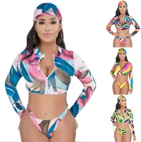 

Summer Woman Deep V Neck Zipper Long Sleeve Crop Top And Skinny Shorts Custom Printed Bikini Suit 3 Piece Set Beach Swimwear