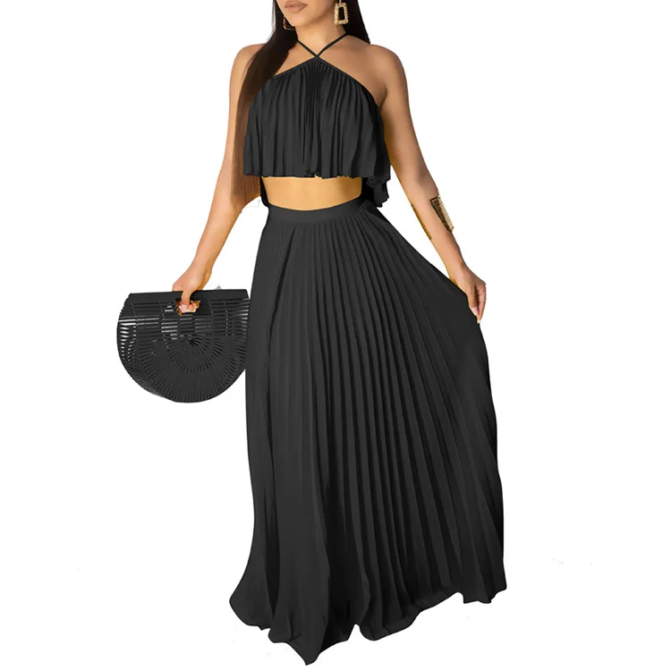 

2019 fashion style women sexy pleated top and skirt 2 piece set, As the pic
