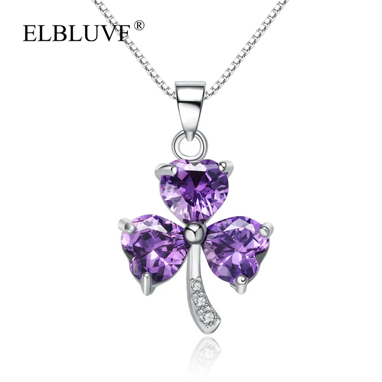 

ELBLUVF 925 Sterling Silver Hot Sell Amethyst Clover Pendant New Design Long Necklace Jewelry, Purple