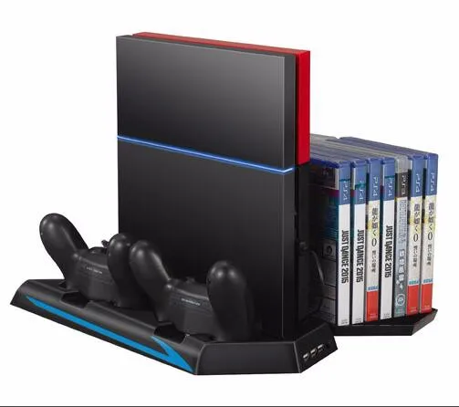 

Multifunctional Vertical Stand for PS4 Cooling Cooler Fan Controller Charging Station with Game Storage and Dualshock Charger, Black