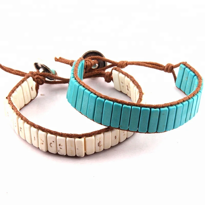 

Fashion Thread Leather Wrap Bracelet Pierre Naturelle Flower Button Rectangle White Turquoise Stone Bracelet