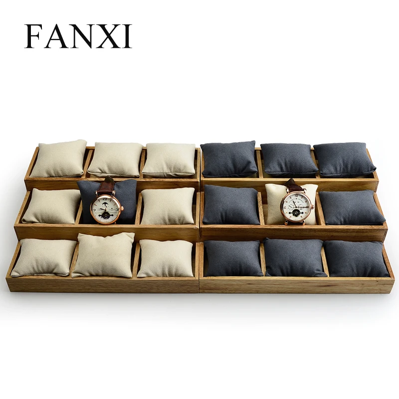 

FANXI Wholesale Solid Wood Jewellery Bangle Bracelet Exhibitor Trays With Microfiber Insert Stackable Watch Display Tray