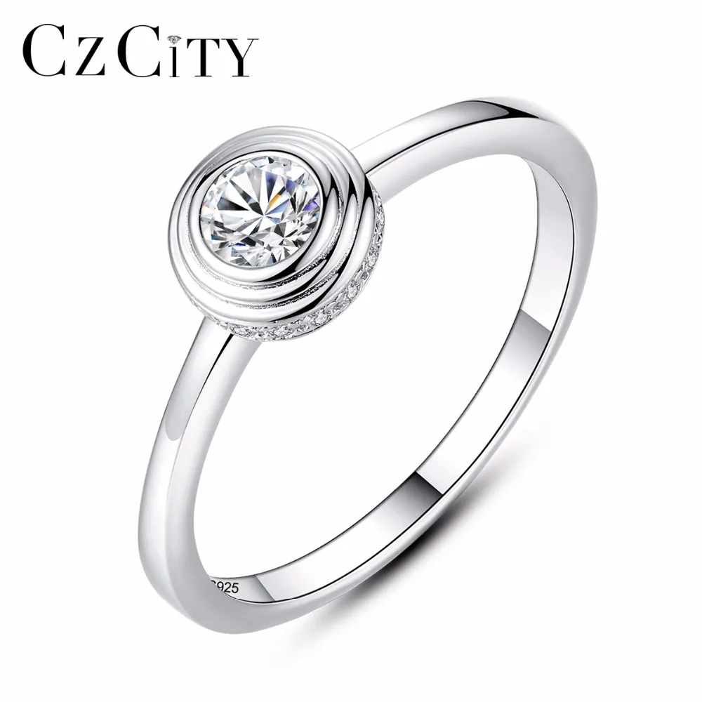 CZCITY The Latest Design 925 Silver Round Circle Shape Engagement Ring Mounting Clear Cubic Zircon Stone Dor Elegant Women Party