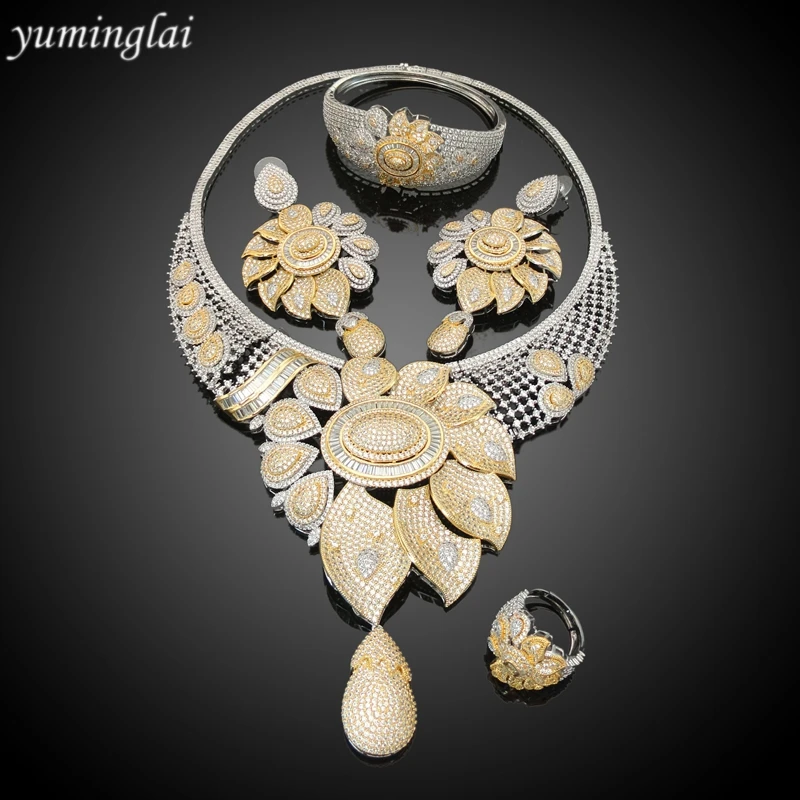 Famous Brand Super Luxury Flower Leaf Women Wedding Cubic Zirconia Lariat Necklace Earring Bangle Ring Jewelry Set FHK3709