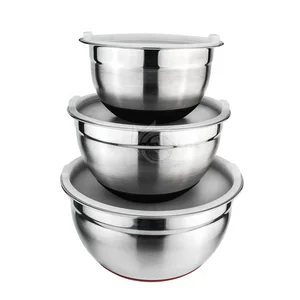Image of Non-Slip Flat Base Mixing Fruit Soap Premium Storage Stainless Steel Mixing Bowls Set Airtight Plastic Lids Metal Salad Bowl