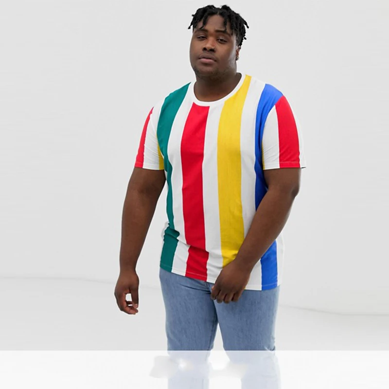 

Relaxed Fit With Thick Vertical Men's Rainbow Stripe Plus Size T-Shirt