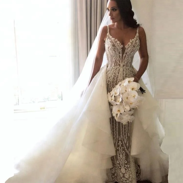 Sexy Lace Spaghetti Strap Mermaid Wedding Dress With Detachable Train