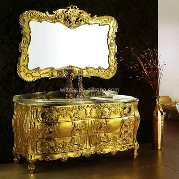 Luxury Royal Solid Wood Golden Bathroom Vanity Traditional Custom Luxury Royal Solid Wood Golden Bathroom Vanity Traditional Custom Made Ensuite Gold Leaf Double Sink