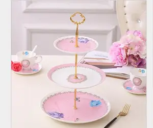 Image of three 3 tier cake plate stand ceramic candy dessert tray porcelain service dishes plate tea party pastry serving platter