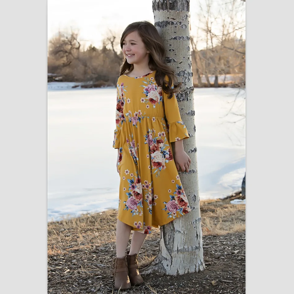 

2019 New Summer Pastoral Printing Long Dress Mommy And Me mother daughter matching dress (this link for girls,1-9years), Flower