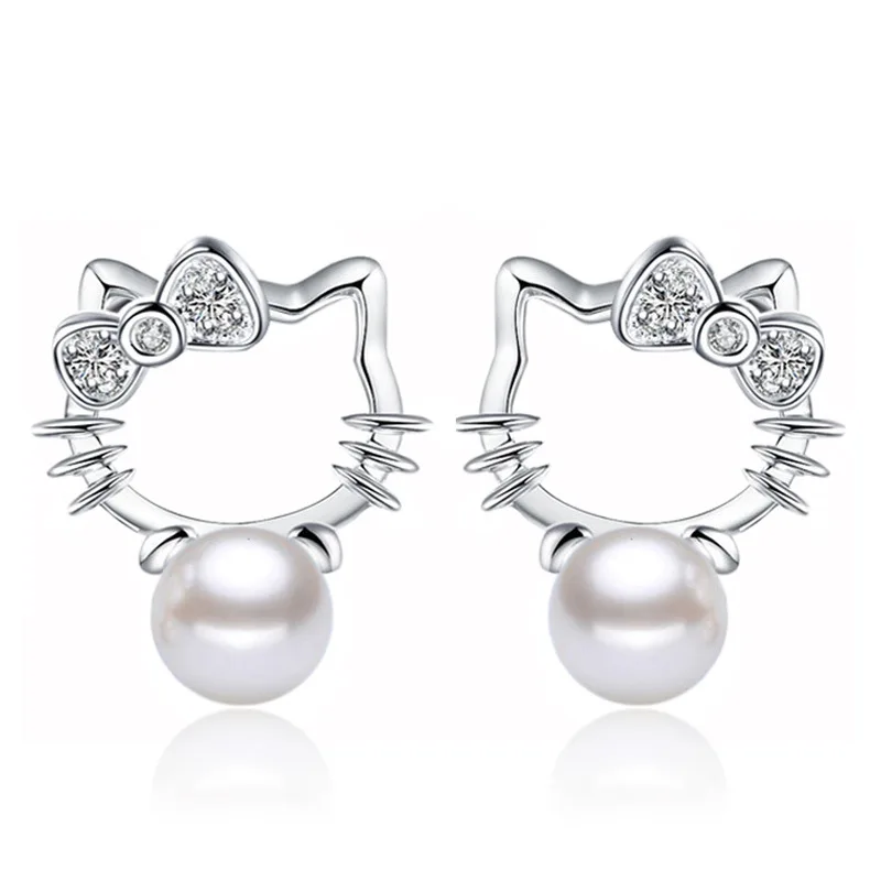 

2017 pearl hello kitty cute cat stud earrings jewelry wholesale, N/a
