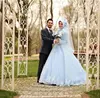Hot Gown Lehenga Picture Lace Appliqued Zipper Button Back Blue Hijab Muslim Bridal Wedding Dress