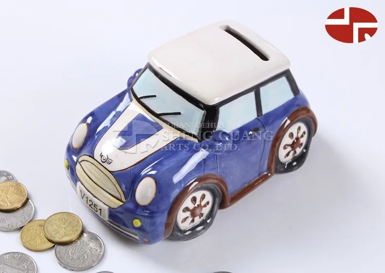 Ceramic car shape design with painting dolomite coin box ,Ceramic money box