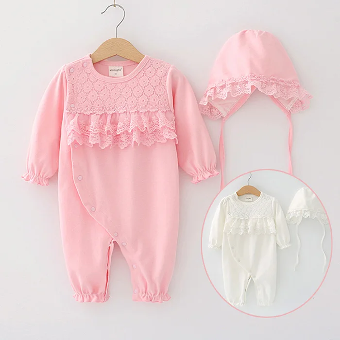 

Autumn newborn baby clothes customized available baby rompers with hat, Pink / white