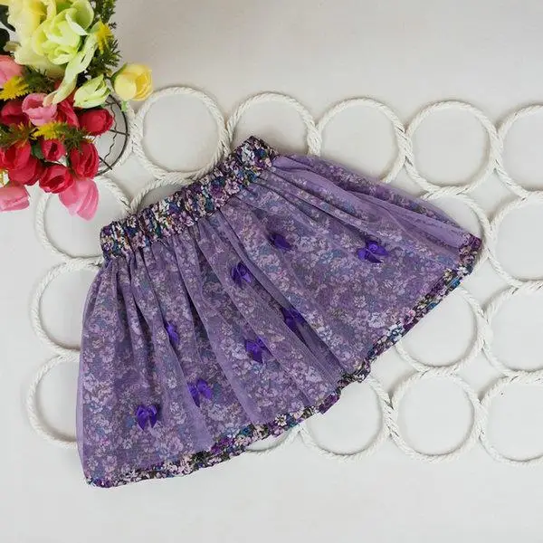 2 7Y Cute Baby Kids Girl Bow Floral Pompon Layered Skirt Floral Tulle Tutu Skirt