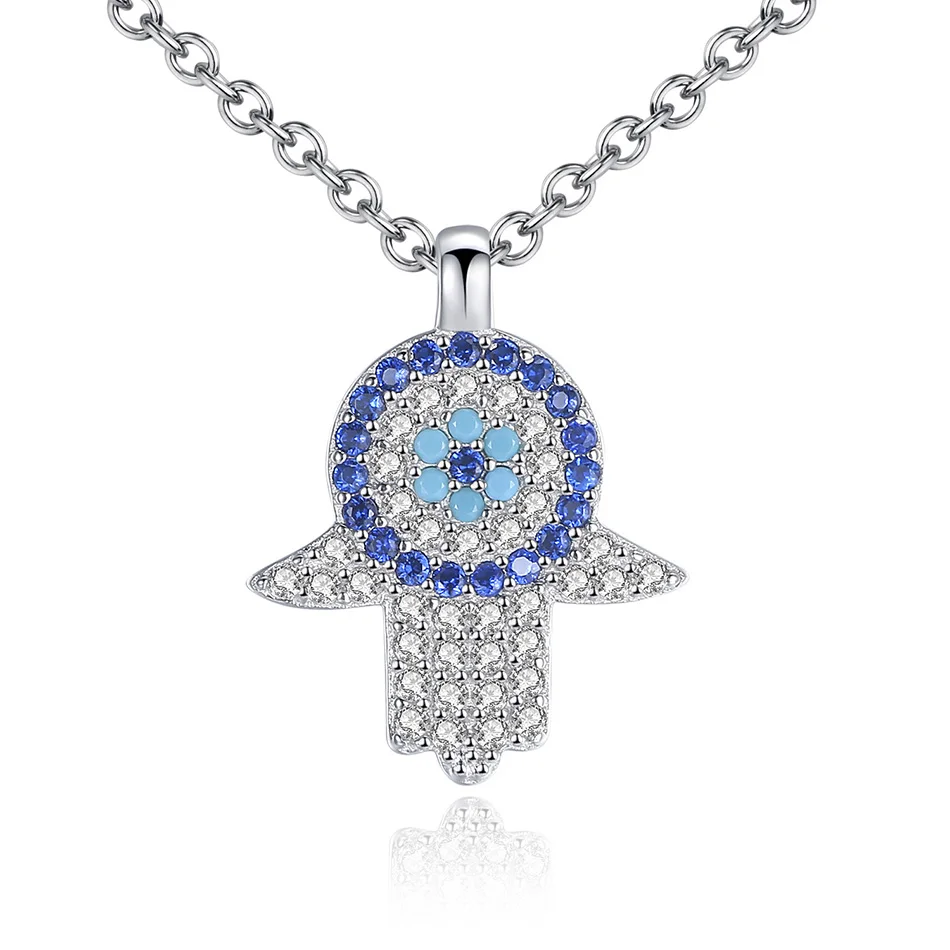 

Blue Cubic Zirconia Hamsa Hand of Fatima Necklaces Real 925 Sterling Silver Necklace for Women Jewelry Accessories