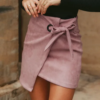 2019 New Arrival Women's Asymmetrical casual sash bow suede mini skirts