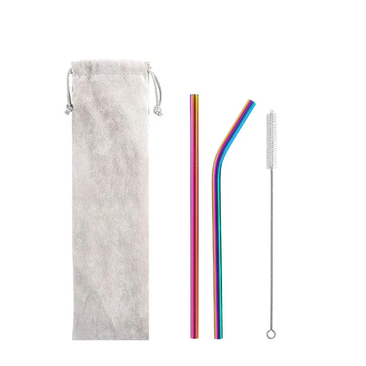 

10% off ECO-friendly stainless steel 304 reusable metal rose gold straws, rainbow drinking straws with brush and pouch, Silver;gold;rose gold;black;rainbow