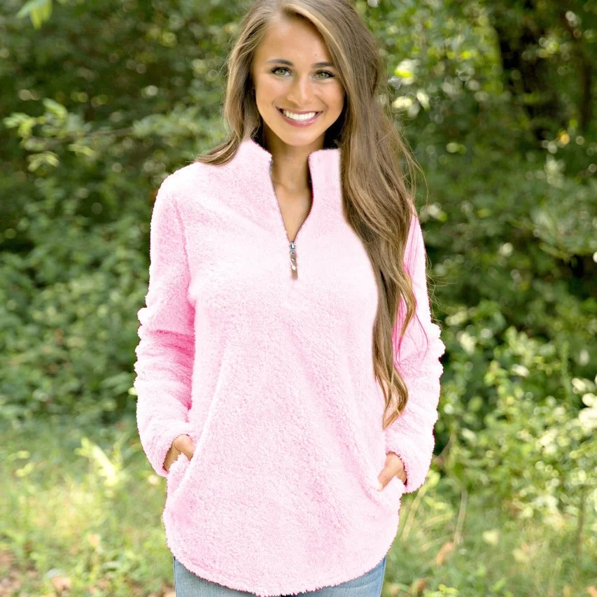 

D41 Autumn Winter Women Warm Plush Long Sleeve Zipper V Neck Tops Solid Color Pullovers Lady Loose Casual Sweatshirt, N/a