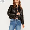 Winter women black faux leather cropped padded jacket and zip up front