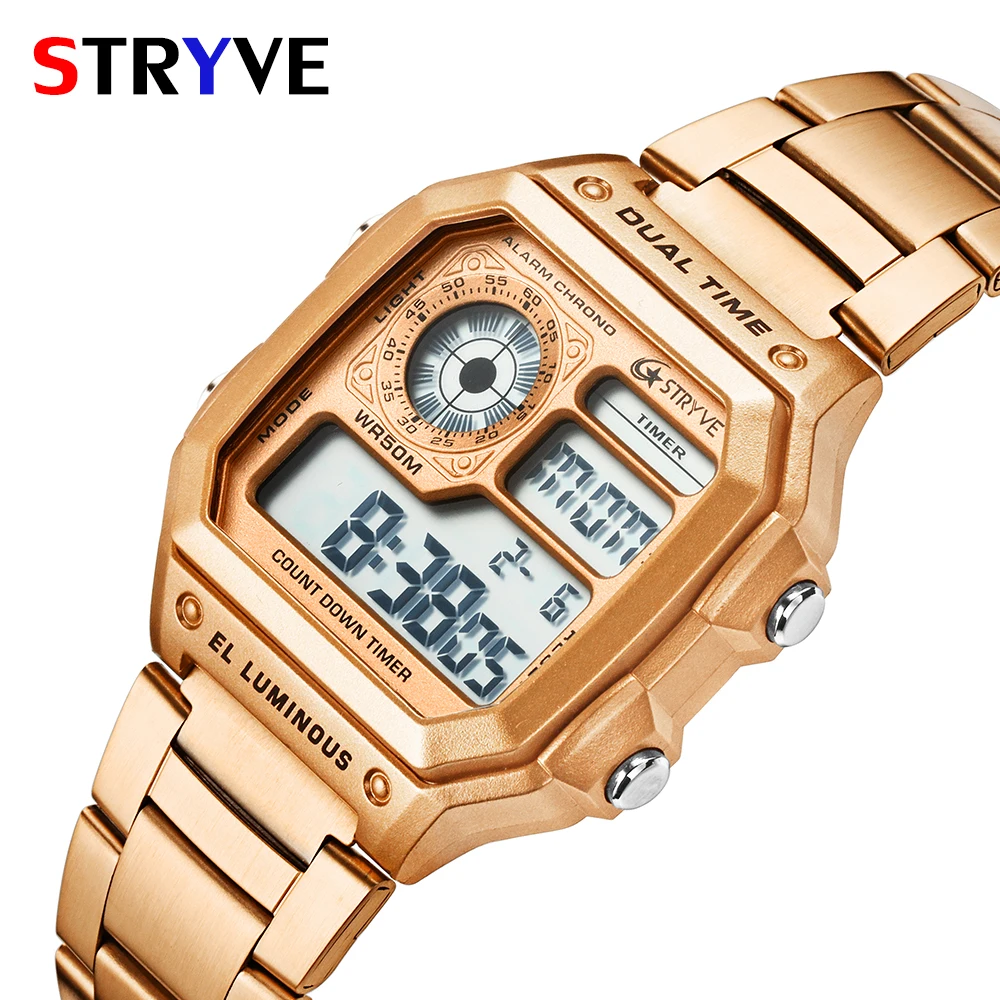 

STRYVE Men Sports Watches Fashion Waterproof Casual Watch Stainless Steel Digital Wristwatches Clock Relogio Masculino Erkek Kol