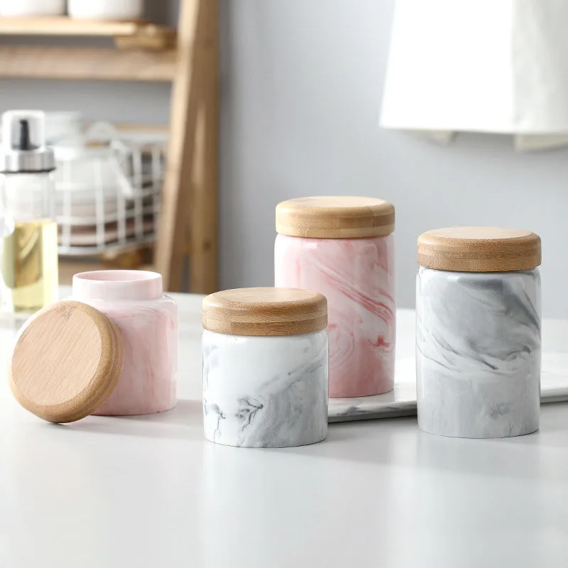 

New item marble ceramic canister with bamboo cover food storage&container, Pink & grey