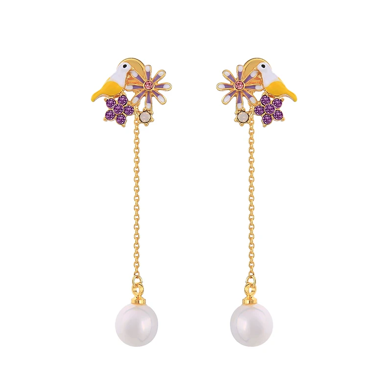 

me0043 Spring Handmade High Quality Copper Brid Flower 925 Post Enamel Earrings, Gold