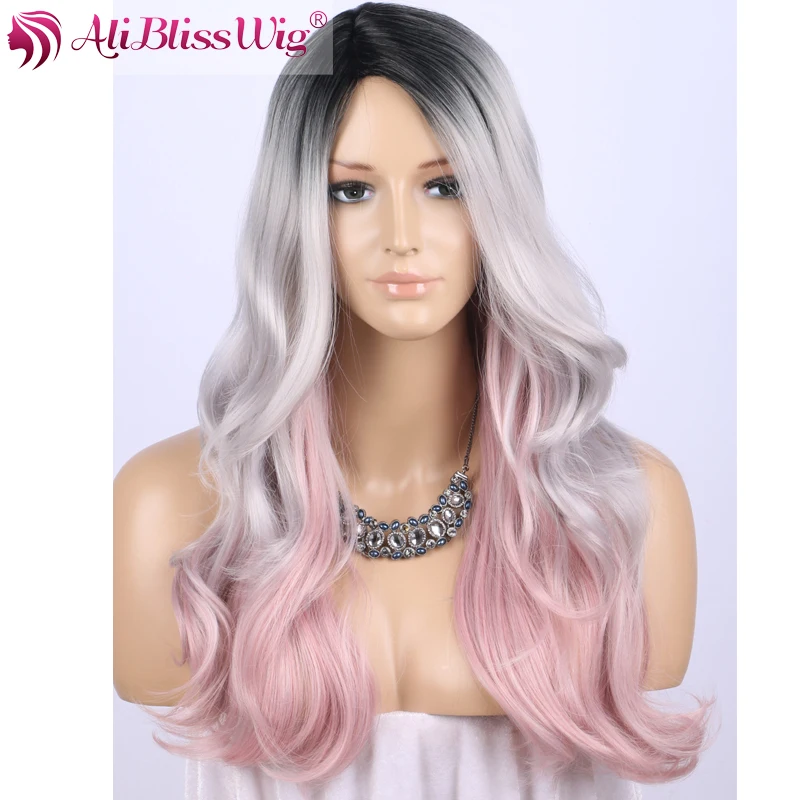 

22 Heat Friendly Fiber Synthetic Hair Wig None Lace Natural Straight Wave Dark Roots Silver Grey Ombre Pink Long Layered Wigs