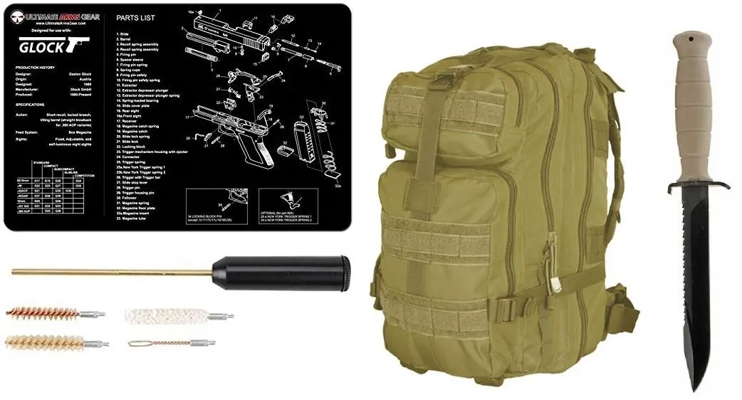 Glock 81 Sand Tan Field Knife 6.5" Length Carbon Steel Blade with Saw Spine Polymer Handle Clip Point with Sheath + Ultimate Arms Gear MOLLE Backpack + Glock Mat + Cleaning Kit