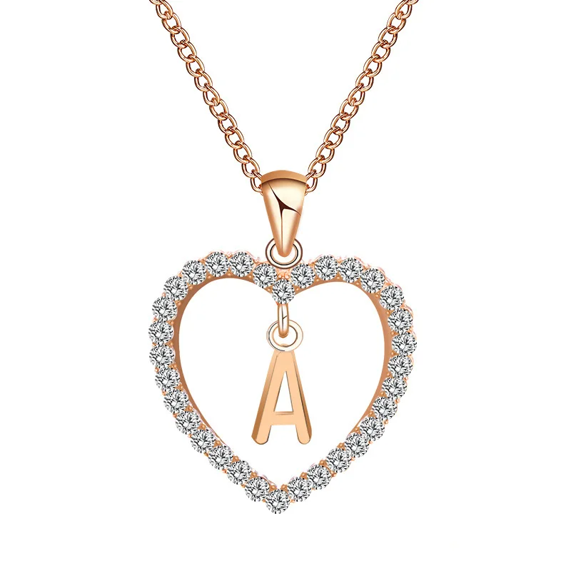 

Rose gold heart crystal letter alloy necklace, As pic