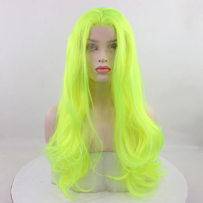 

Long Tight Super Wave Yellow Green Synthetic Lace Front Wigs High Temperature Fiber Synthetic Wavy Lace Wigs For Women