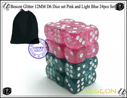 Bescon Pink and Teal Ethereal Glitter 12mm 6 Sided Game Dice Set of 24pcs 