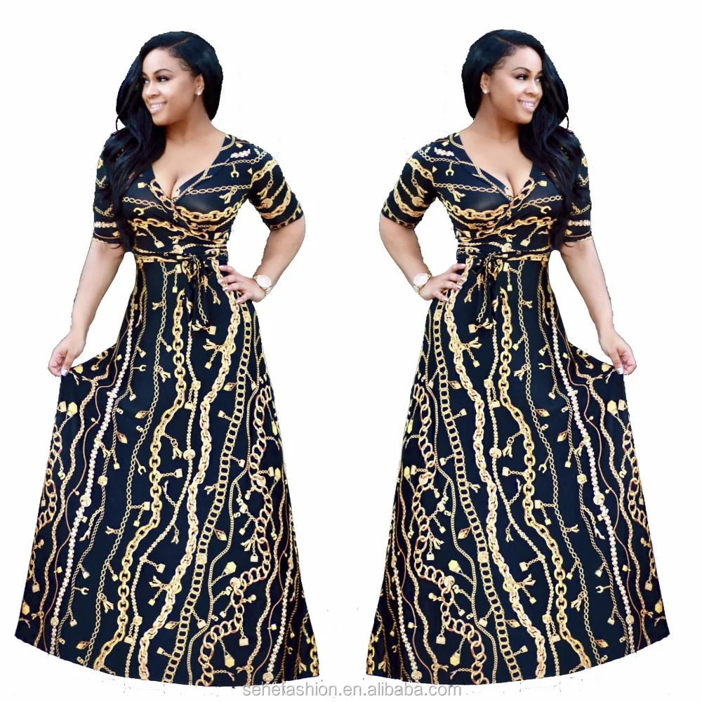 

MR98198 New fashion ring gold printed dress long sleeve maxi dresses wholesale for sexy women