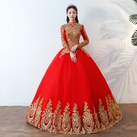 

High neck Muslim wedding dress with Long sleeves Golden Lace Appliques Formal Ball gown Red Chinese Tradinational Dress