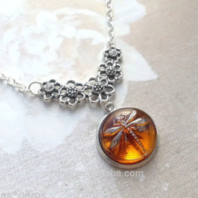 Silver Dragonfly Necklace Czech Glass Amber Pendant TV Outlander Necklace Vintage