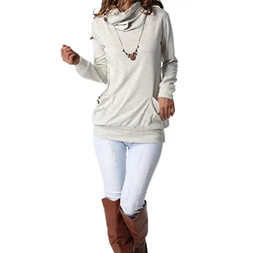 

Long Sleeve Button Cowl Neck Casual Slim Tunic Tops with Pockets Hot sale high quality Sweey womens Hoody