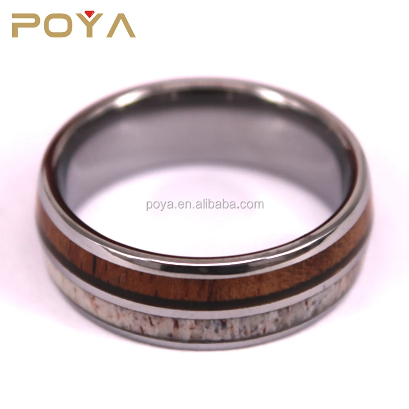 

POYA Jewelry High Quality Deer Antler Inlay Tungsten Wood Ring Men Jewelry