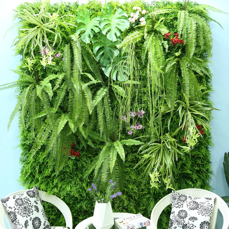 
China Factory Turtle Leaf Artificial Customized Boxwood Green Plant Wall Panel Fake Plant Wall with Small Flowers Hanging 
